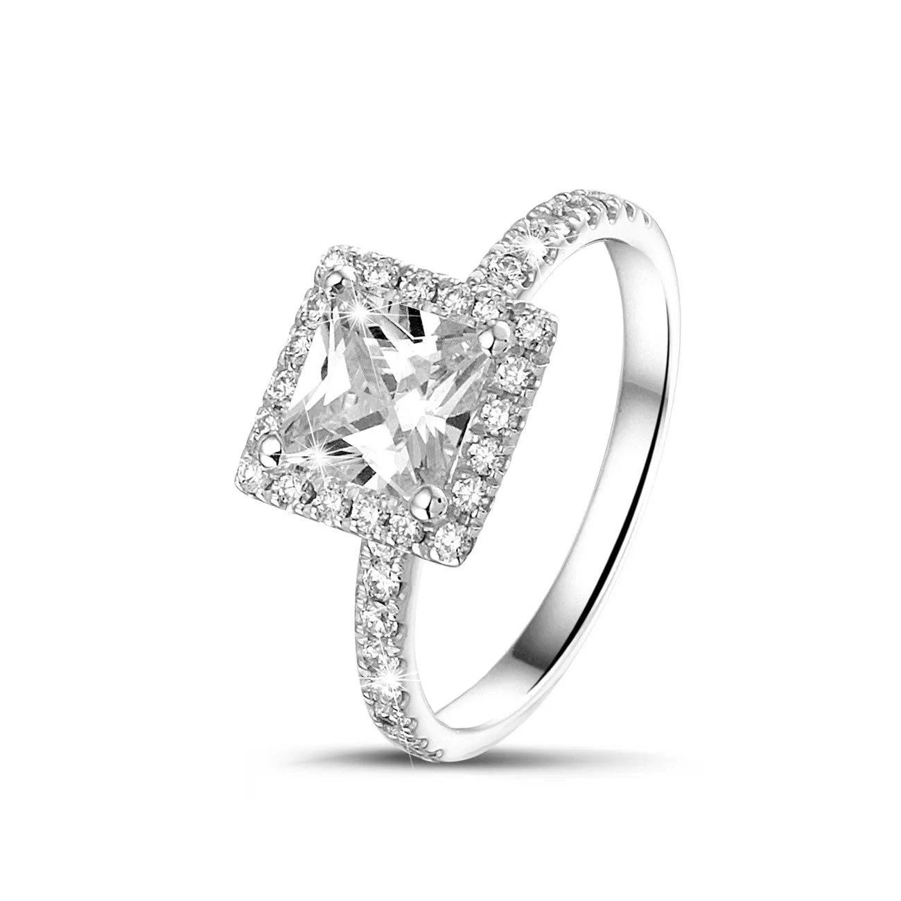 0.70 quilates halo anillo solitario diamante princesa en oro blanco con diamantes redondos 