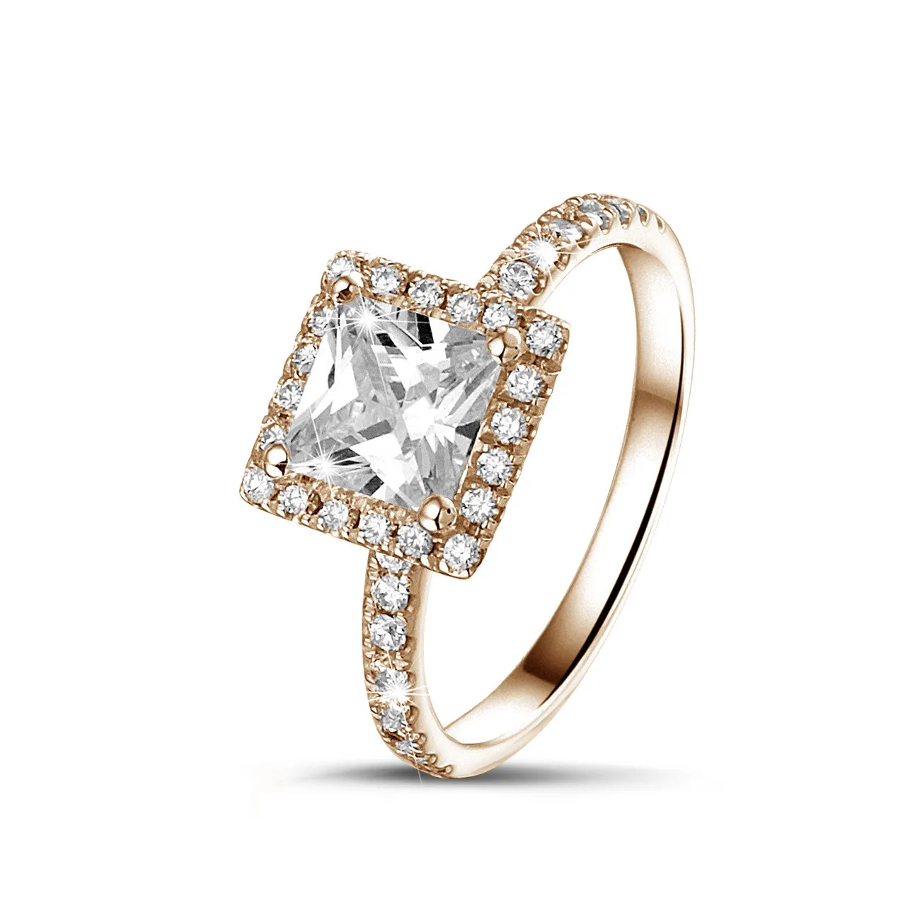 1.20 quilateshalo anillo solitario diamante princesa en oro rojo con diamantes redondos 