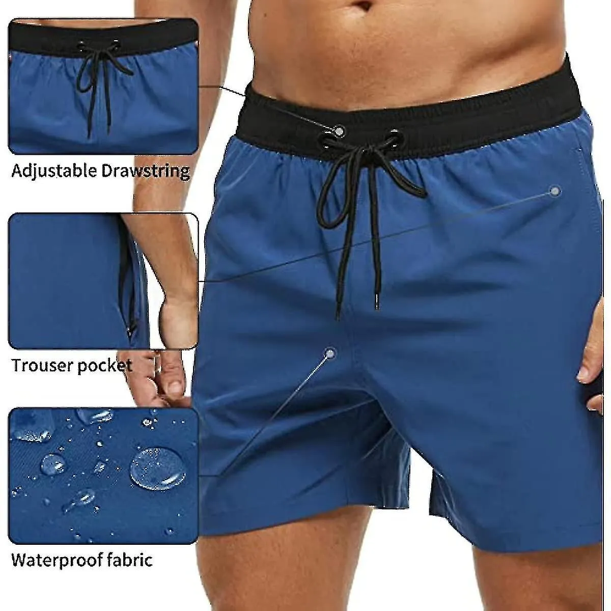 Bañador para hombre con bolsillo con cremallera Pantalones cortos de baño rápidos de secado impermeable con cordón ajustable