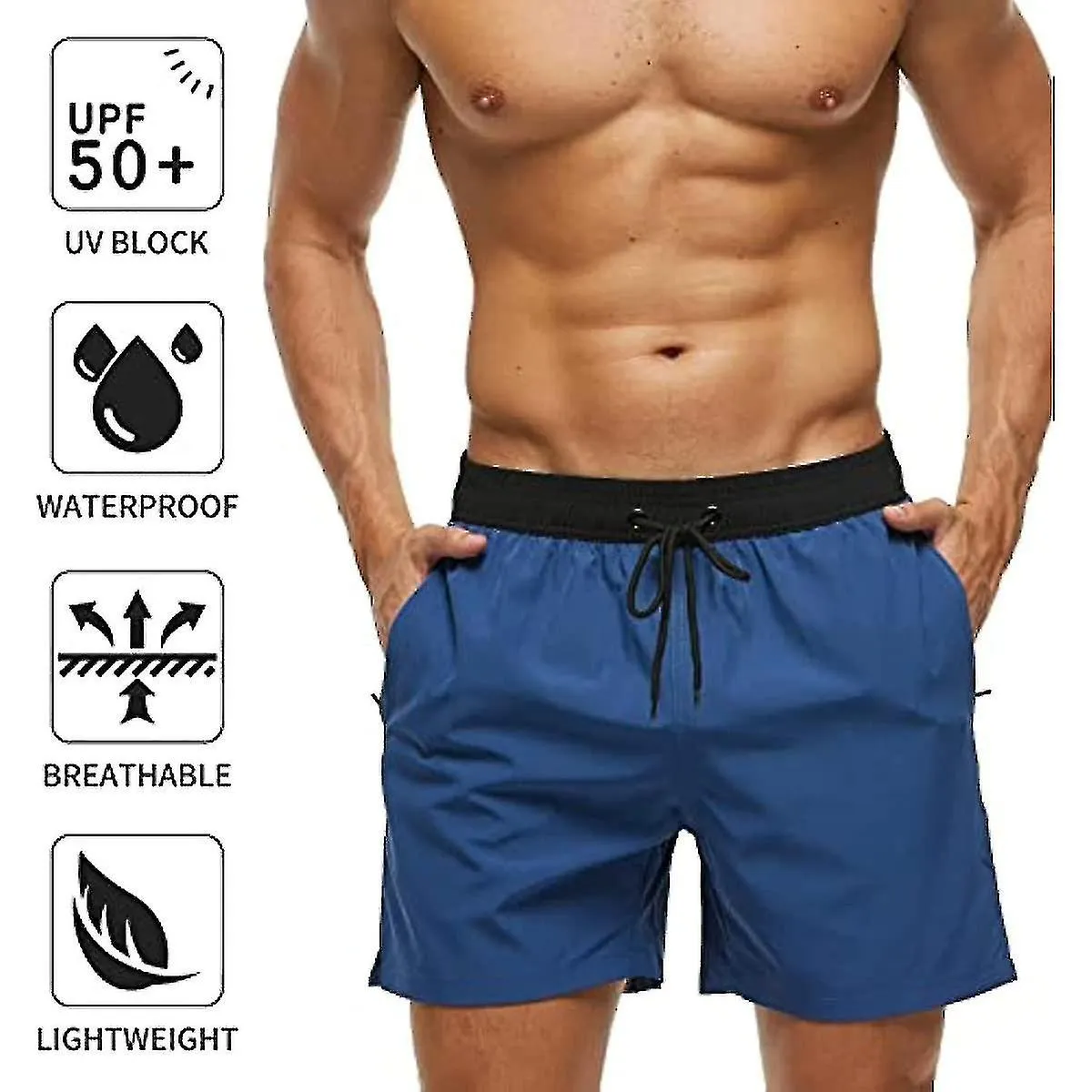 Bañador para hombre con bolsillo con cremallera Pantalones cortos de baño rápidos de secado impermeable con cordón ajustable