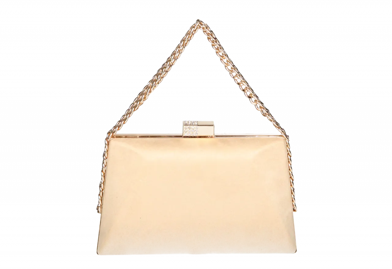 Bolsito Efecto Ante Beige Asas Cadena Eslabones Metal Oro