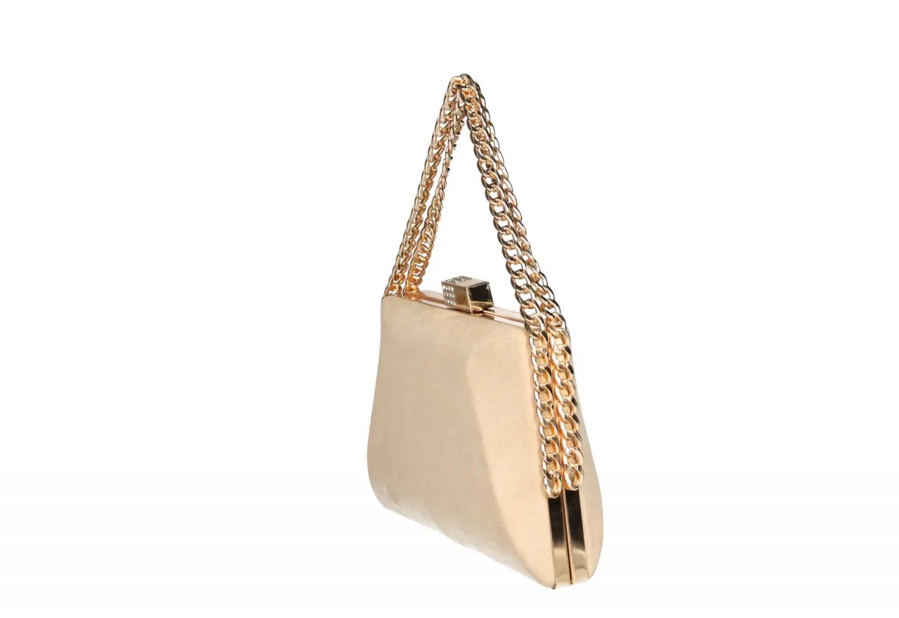 Bolsito Efecto Ante Beige Asas Cadena Eslabones Metal Oro