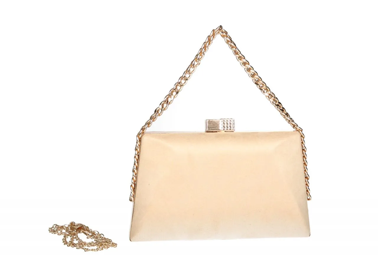 Bolsito Efecto Ante Beige Asas Cadena Eslabones Metal Oro