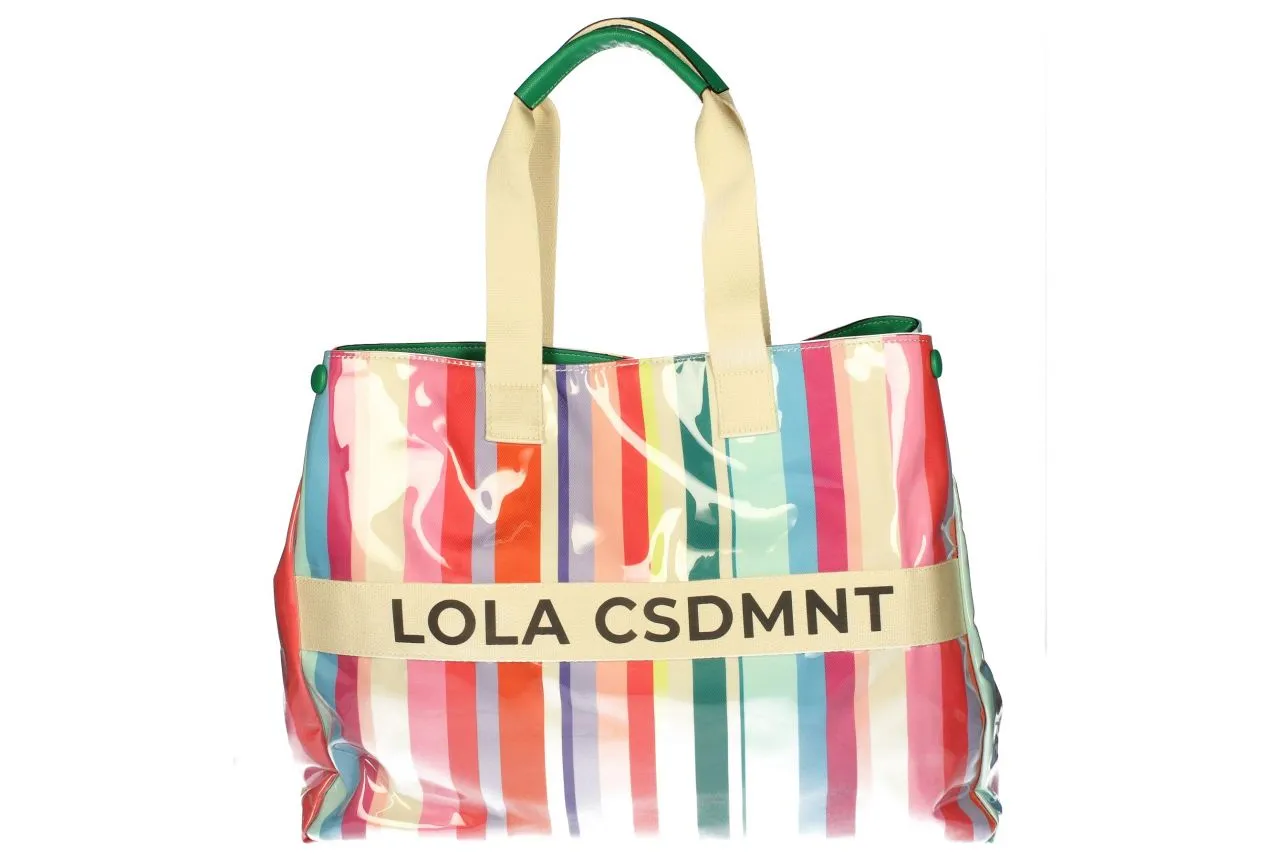 Bolso Shopper Vinilo Franjas Verticales Multicolor Dos Asas Beig
