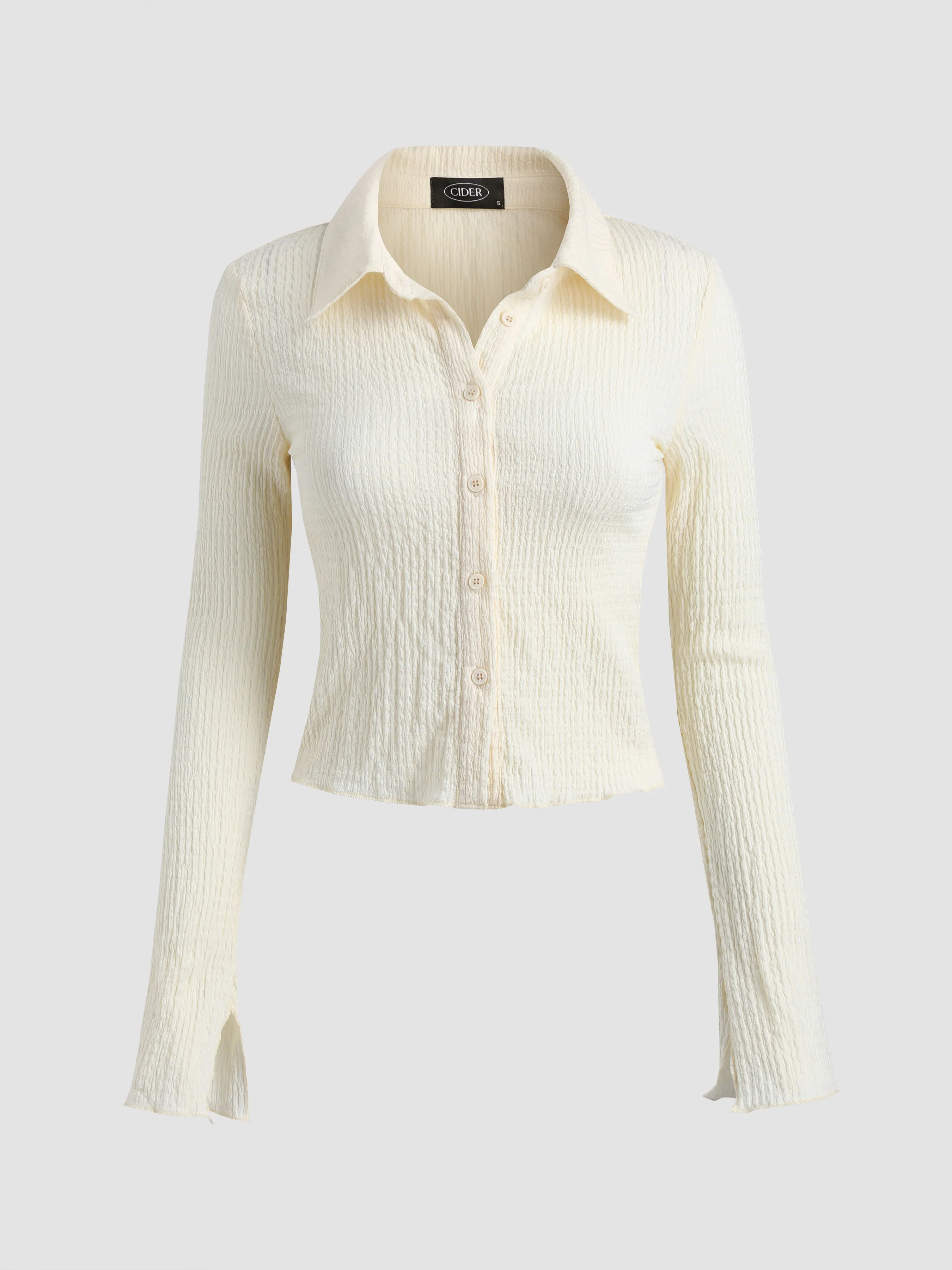  Camisa Crop de Manga Campana Sólida con Textura
