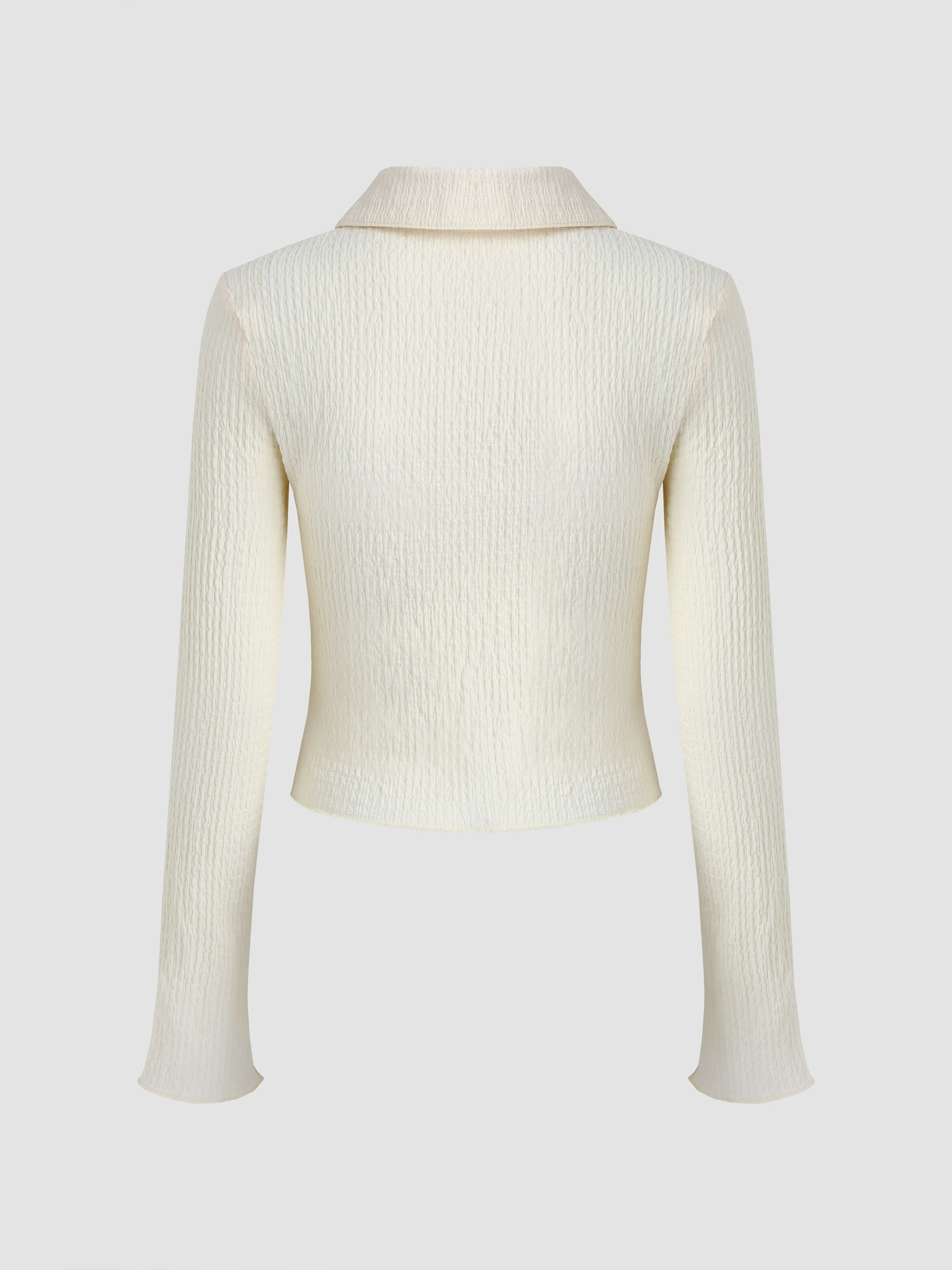  Camisa Crop de Manga Campana Sólida con Textura
