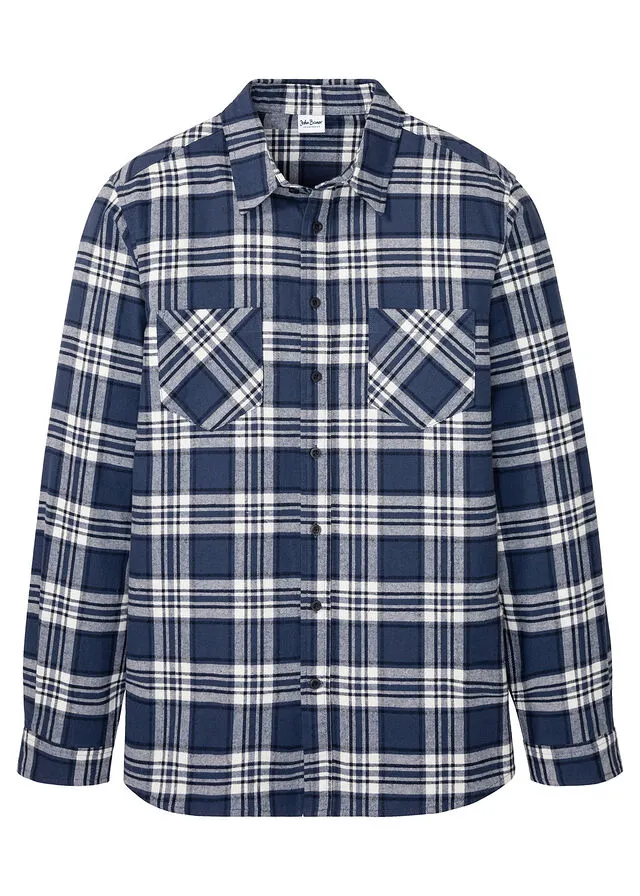 Camisa de manga larga de franela azul marino/índigo/blanco lana a cuadros