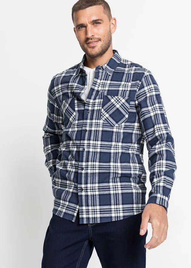 Camisa de manga larga de franela azul marino/índigo/blanco lana a cuadros