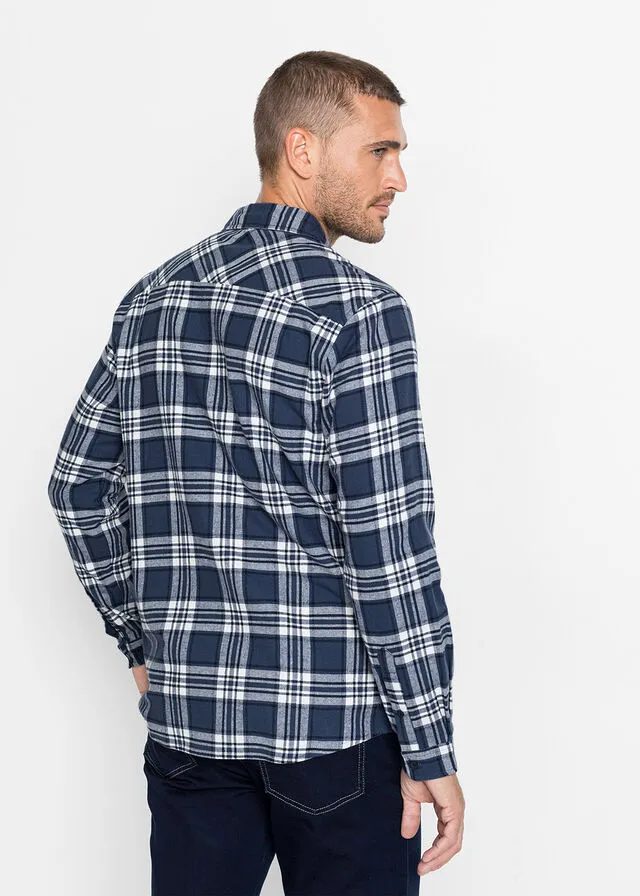 Camisa de manga larga de franela azul marino/índigo/blanco lana a cuadros