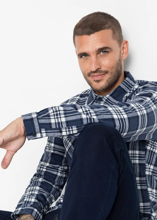 Camisa de manga larga de franela azul marino/índigo/blanco lana a cuadros