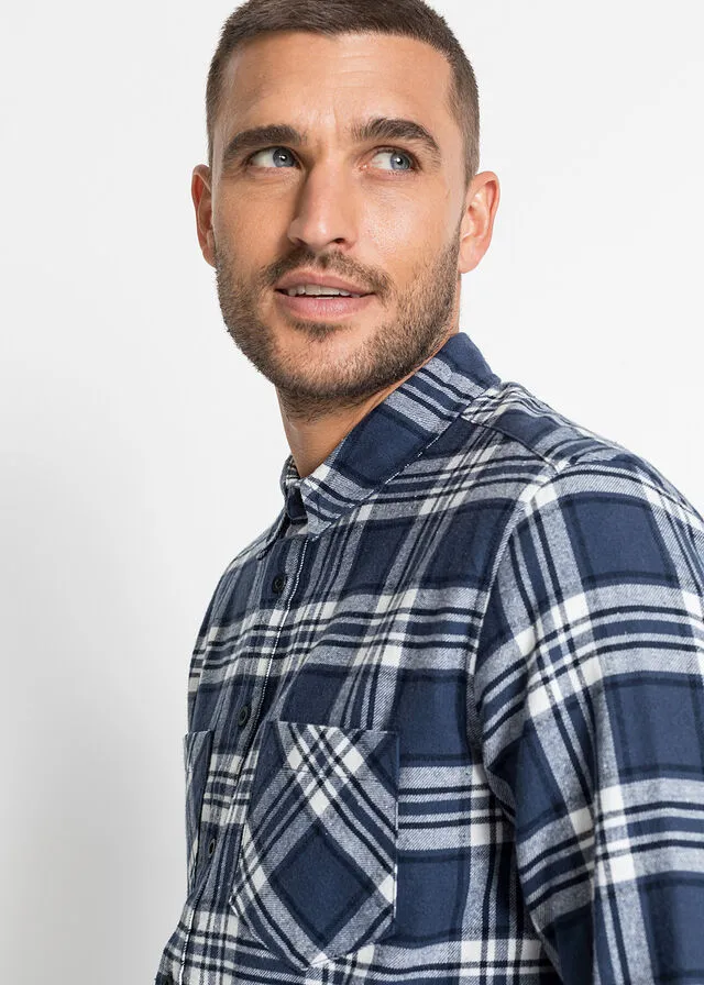 Camisa de manga larga de franela azul marino/índigo/blanco lana a cuadros
