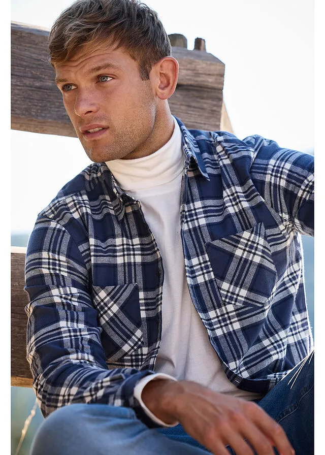 Camisa de manga larga de franela azul marino/índigo/blanco lana a cuadros