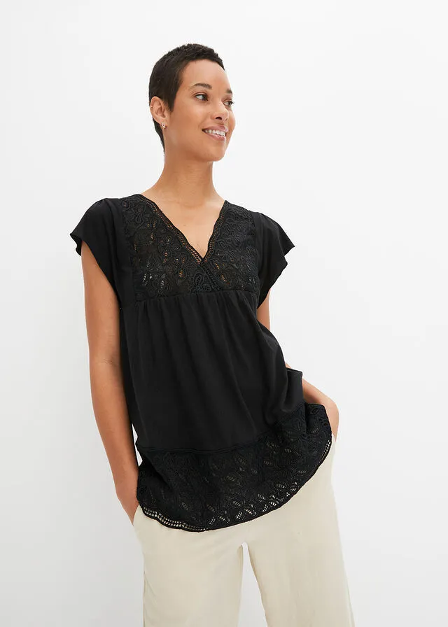 Camiseta con encaje en el escote Negro