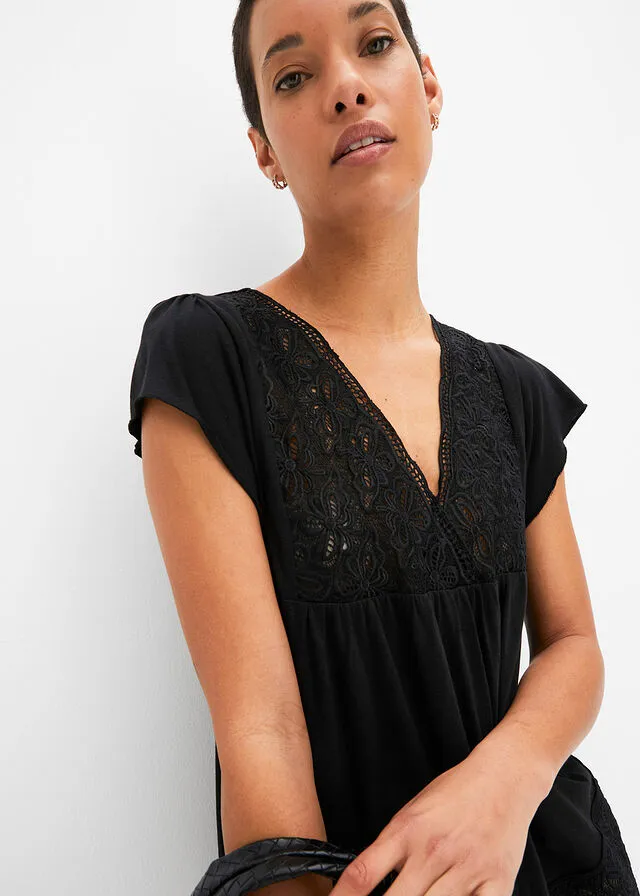 Camiseta con encaje en el escote Negro
