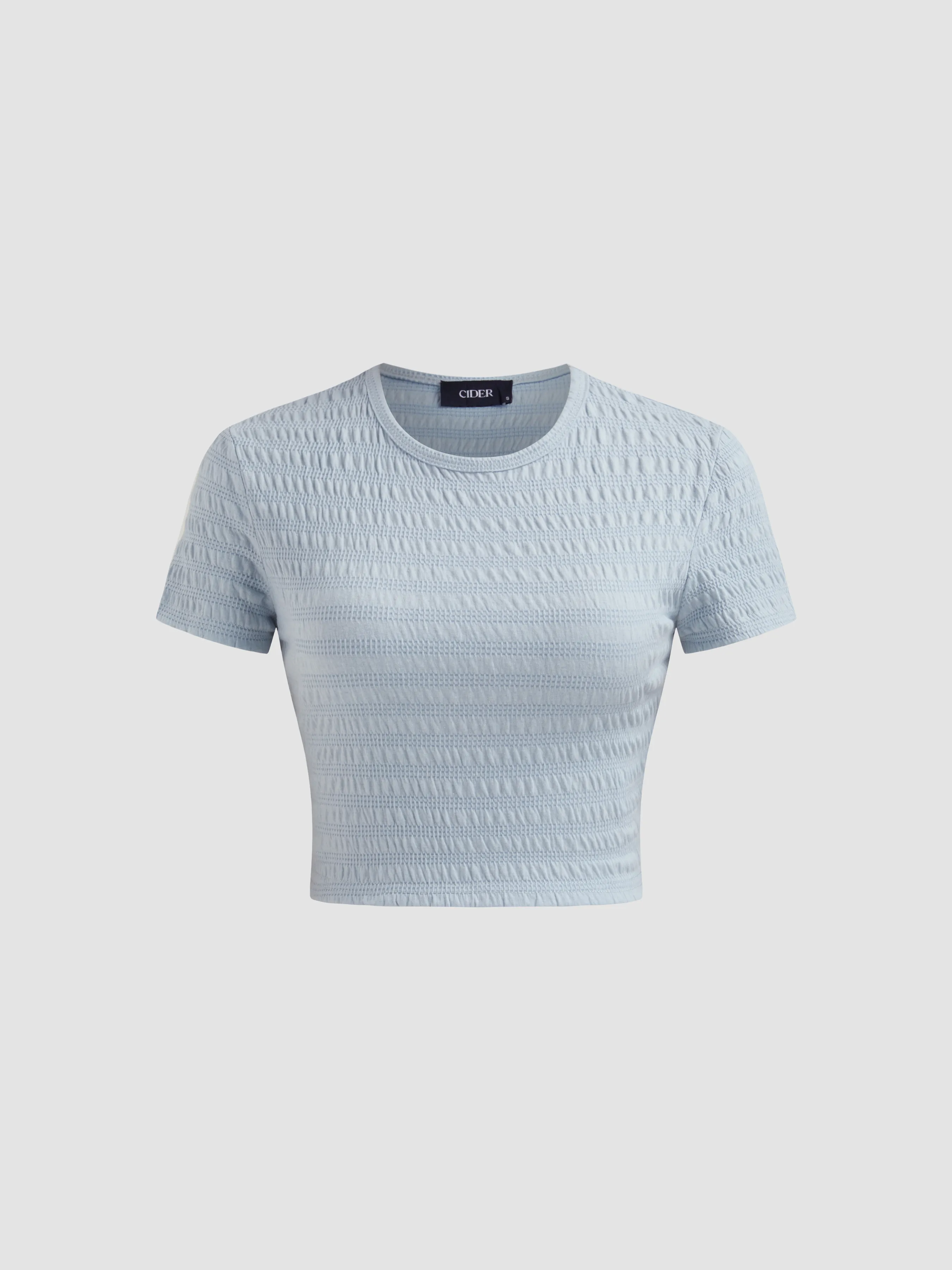Camiseta corta de manga corta con textura sólida y cuello redondo de mezcla de algodón