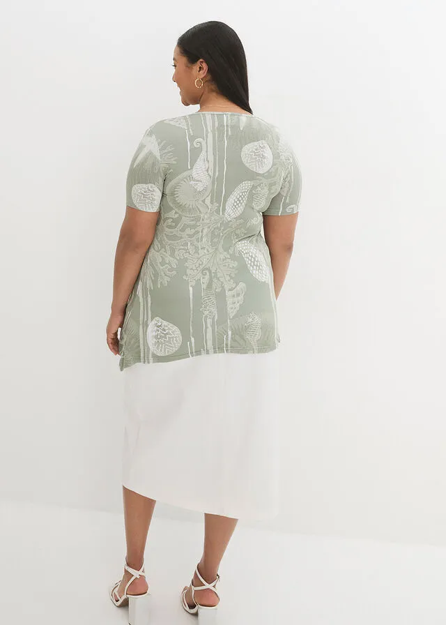 Camiseta larga con bajo irregular Verde agua/blanco estampado