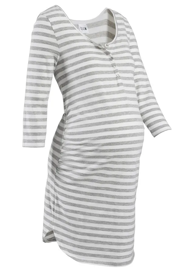 CAMISóN DE LACTANCIA DE ALGODóN GRIS CLARO JASPEADOBLANCO LANA DE RAYAS