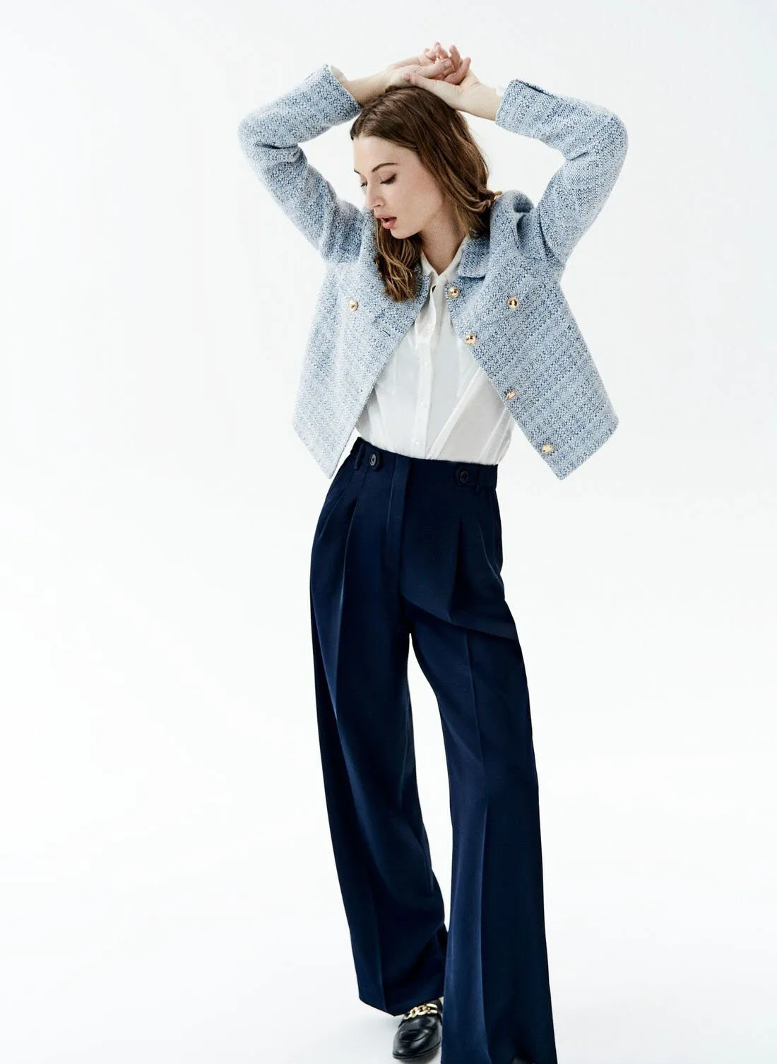 CAROLL PRESLEY  PANTALóN ANCHO CON PINZAS Y TALLE ALTO ELáSTICO EN AZUL