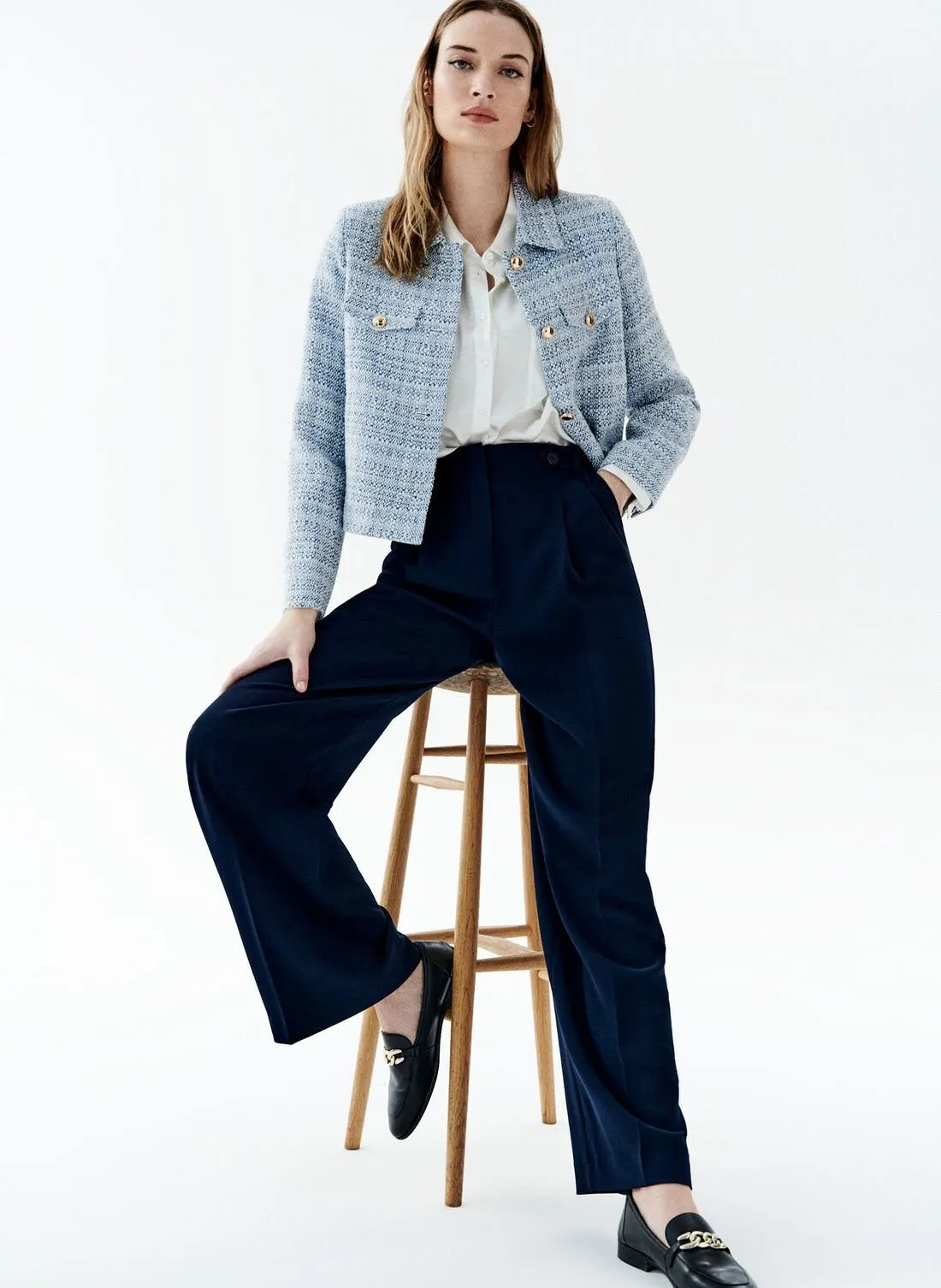 CAROLL PRESLEY  PANTALóN ANCHO CON PINZAS Y TALLE ALTO ELáSTICO EN AZUL
