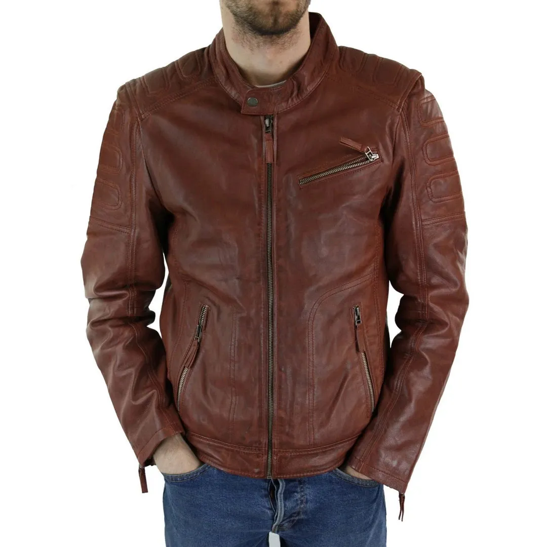 Chaqueta de cuero de motociclista marrón tostado para hombres