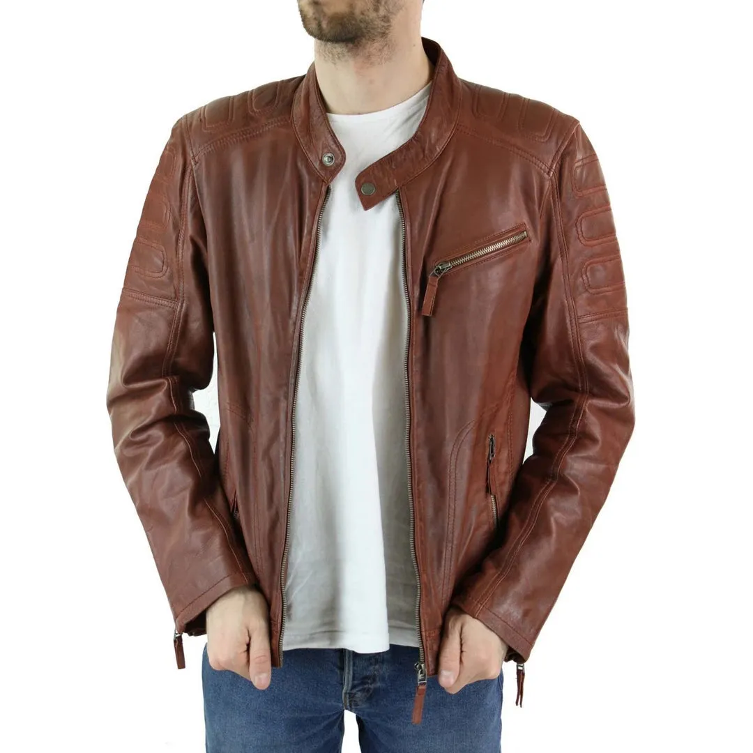 Chaqueta de cuero de motociclista marrón tostado para hombres