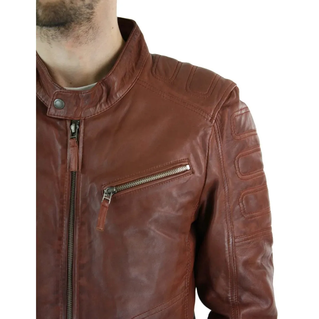 Chaqueta de cuero de motociclista marrón tostado para hombres