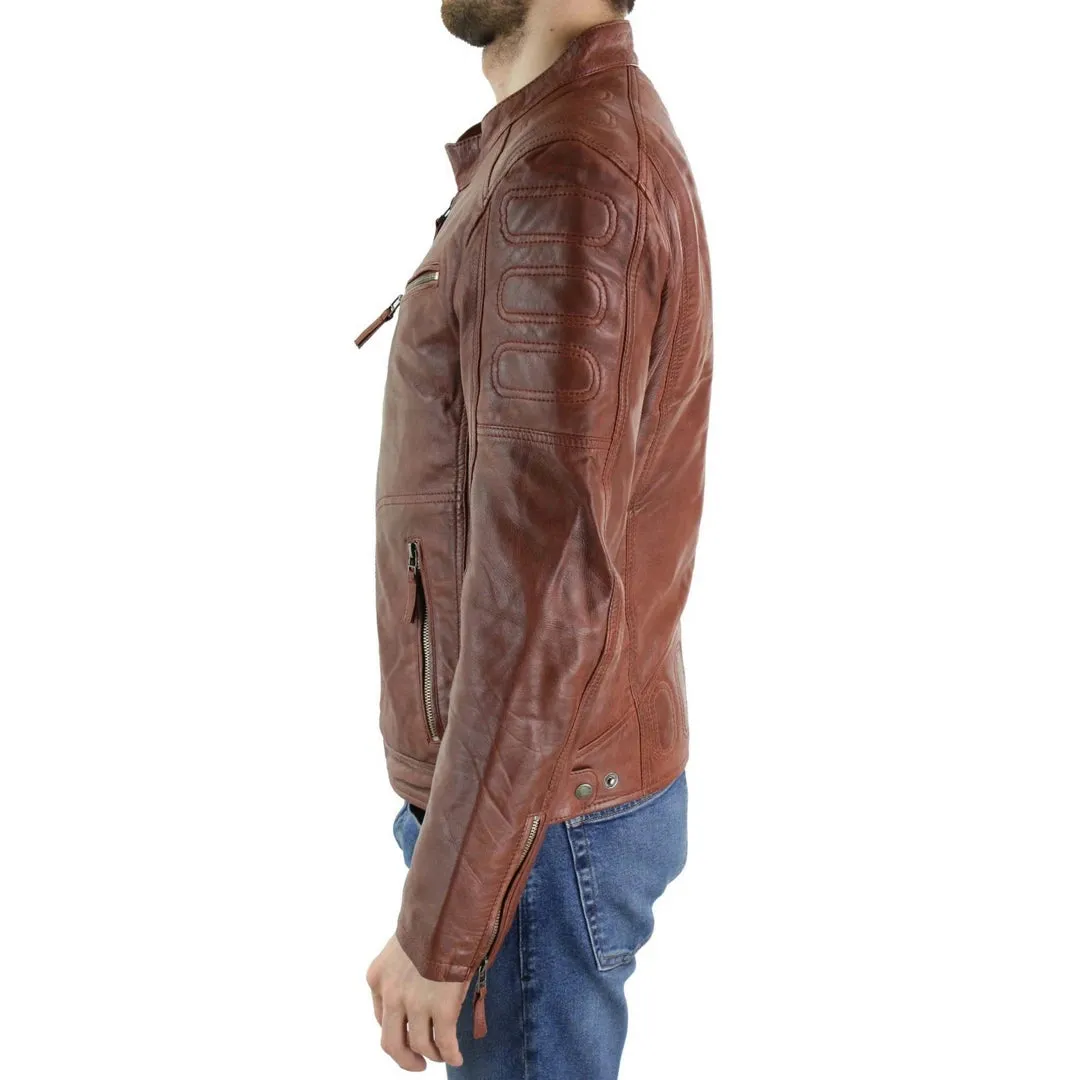 Chaqueta de cuero de motociclista marrón tostado para hombres