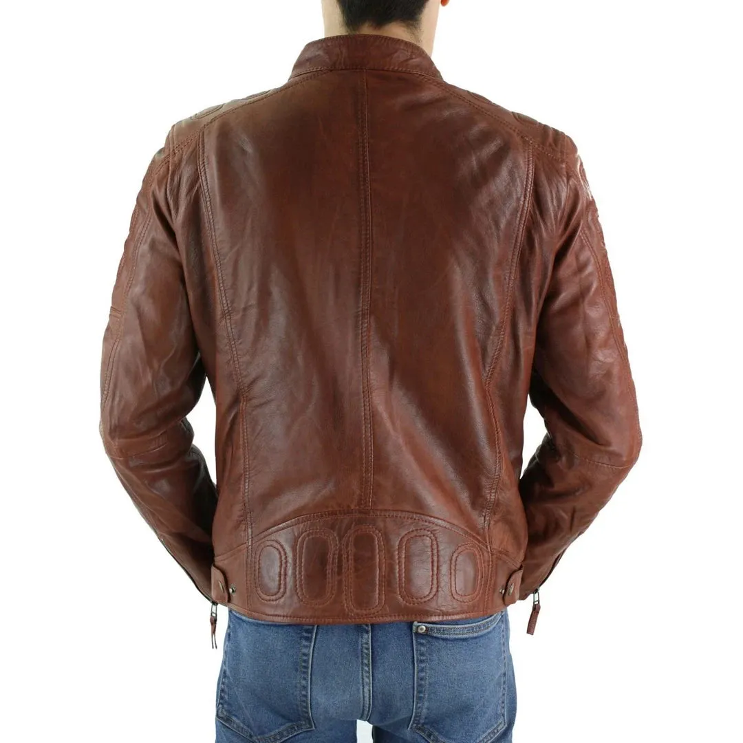Chaqueta de cuero de motociclista marrón tostado para hombres