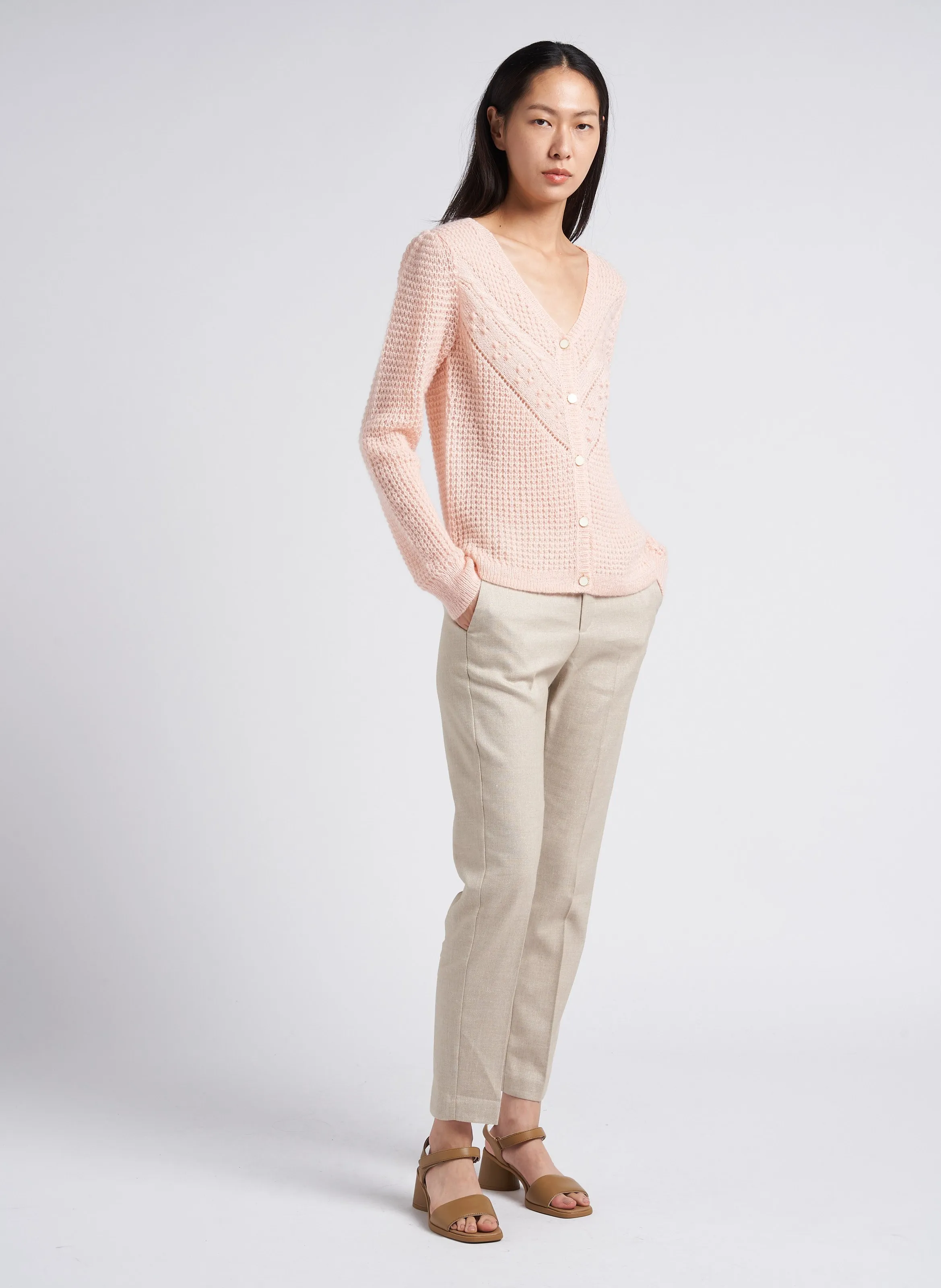 I CODE Pantalón chino de talle alto con hilos metalizados en beige