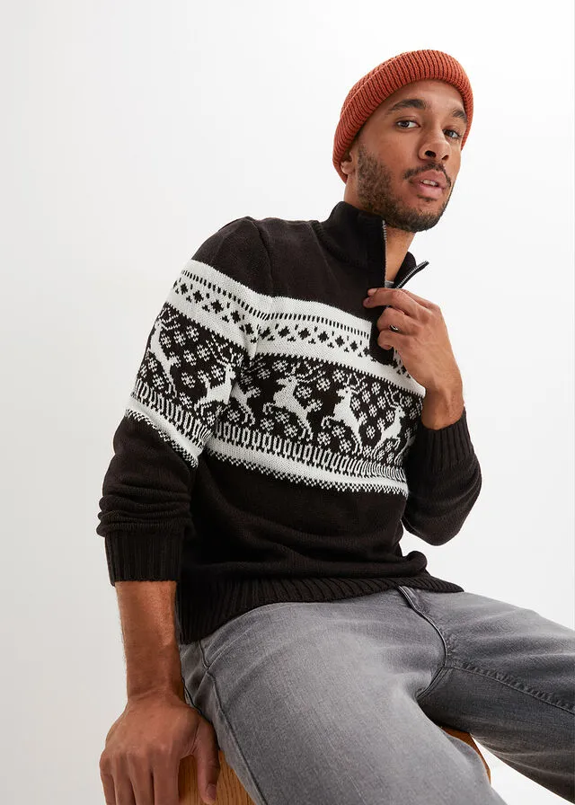 Jersey con cuello troyer y patrón nórdico Negro estampado