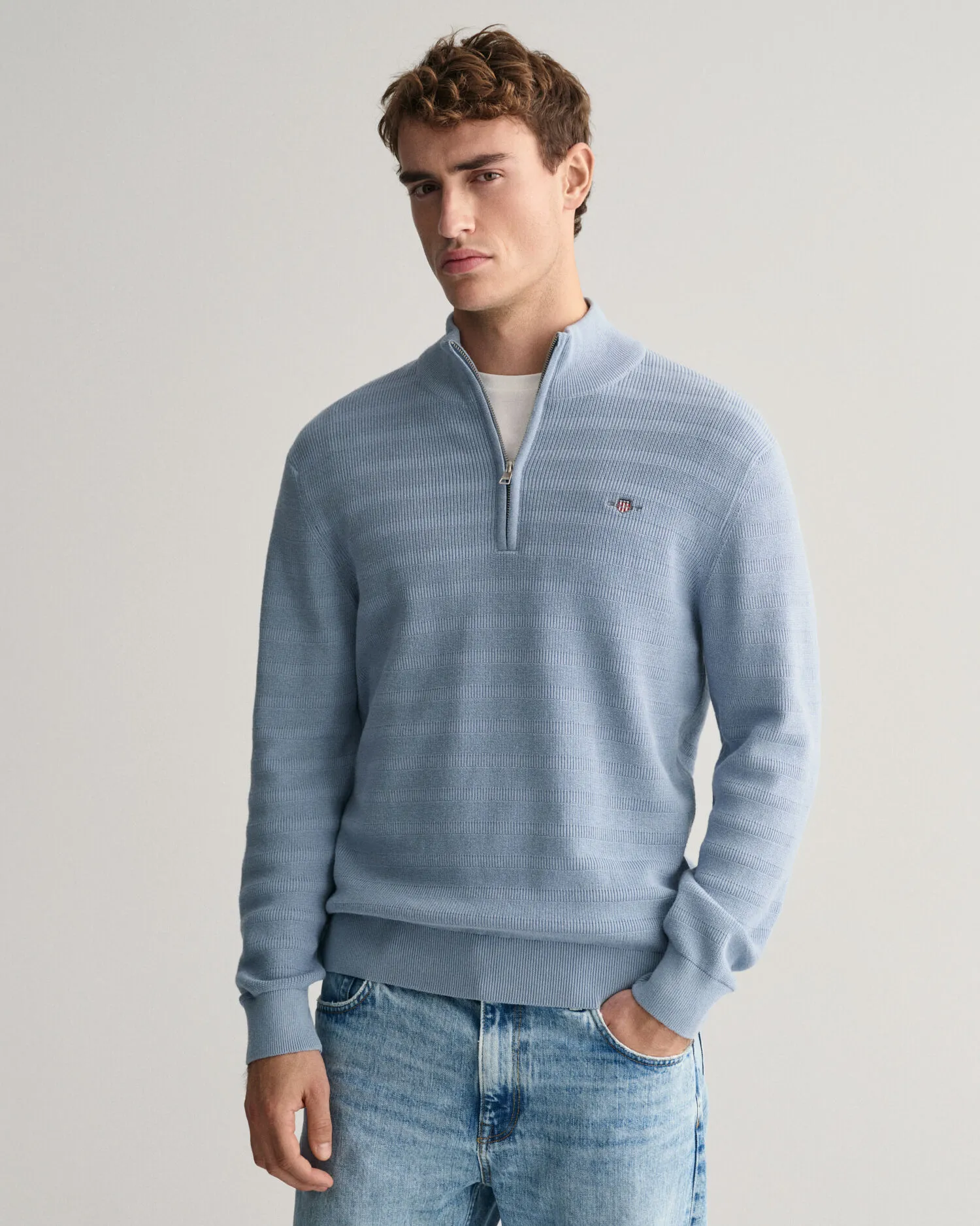 Jersey de algodón a rayas con textura y media cremallera