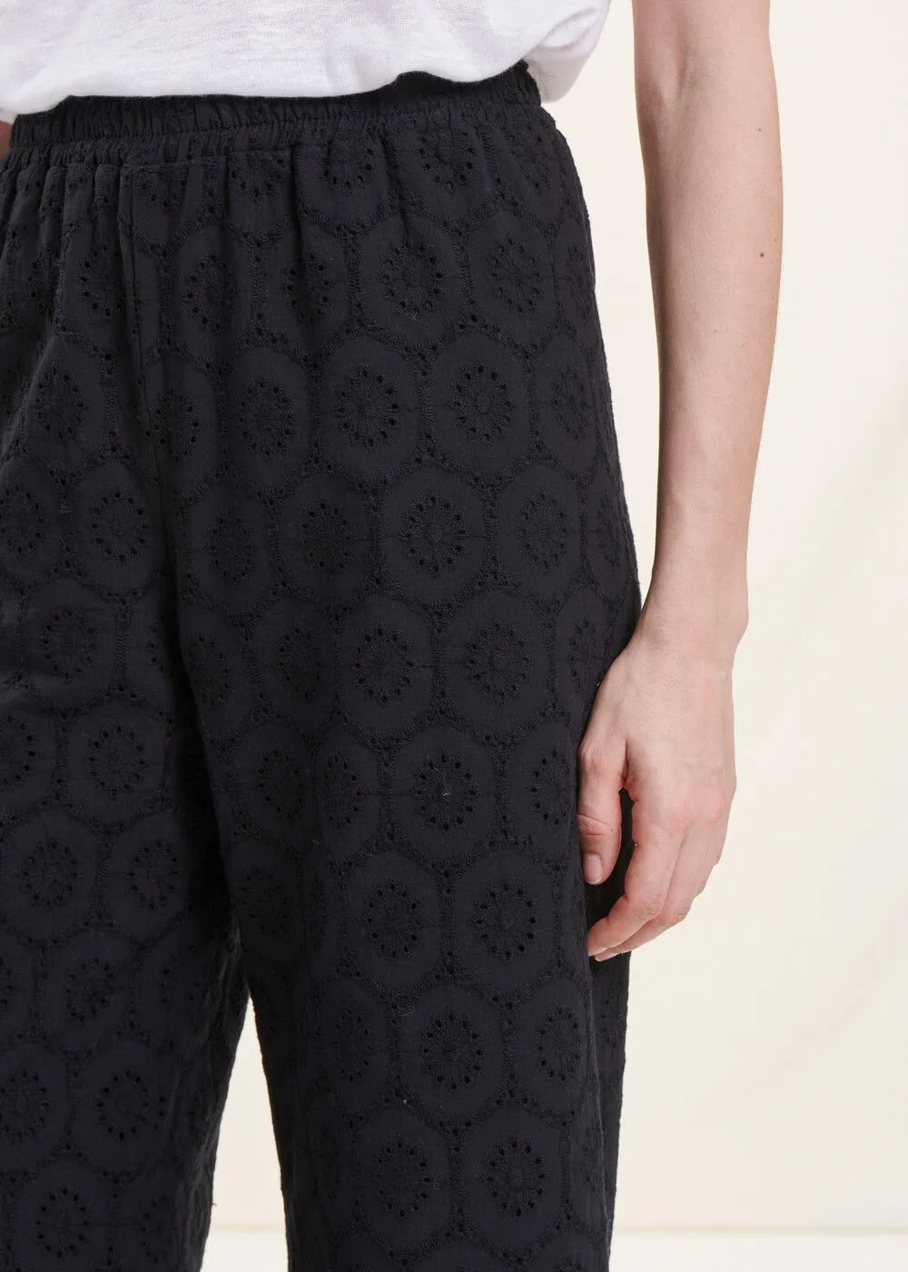 LA FEE MARABOUTEE Pantalón recto de algodón con bordado inglés en negro