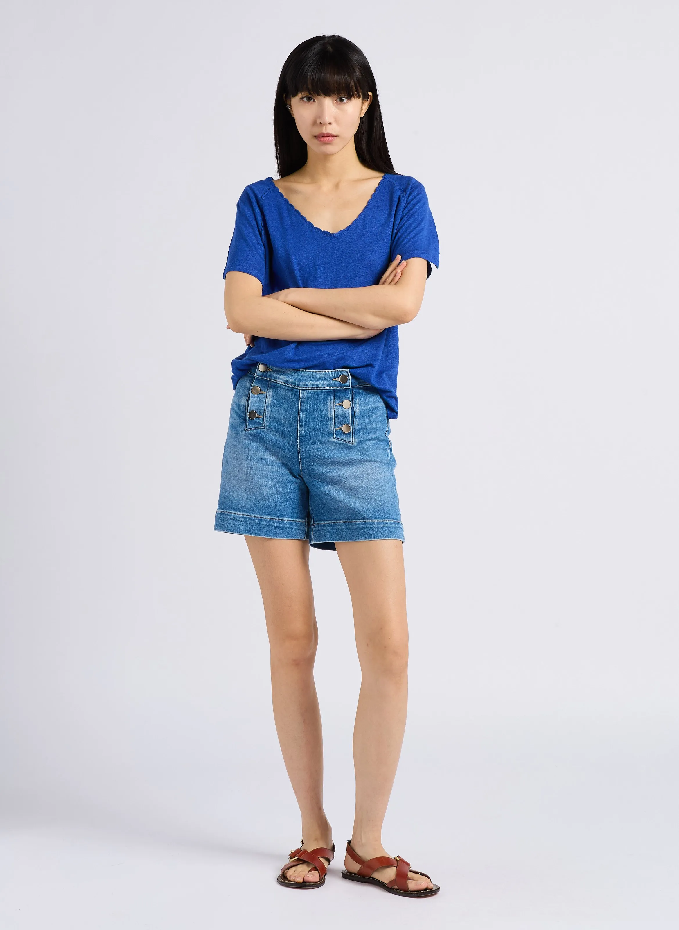 MAISON 123 MICKY  SHORT RECTO DE ALGODóN DE TALLE ALTO EN AZUL