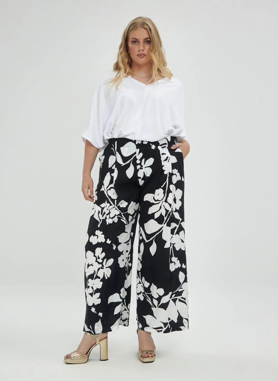 MAT FASHION Pantalón ancho de talle alto con estampado floral en multicolor