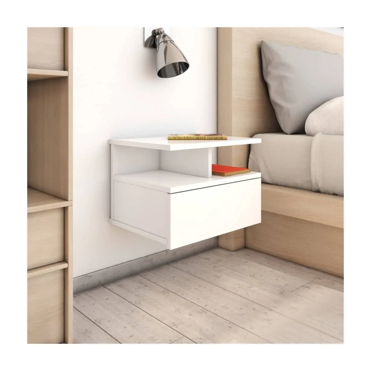 Mesita de noche flotante 2 uds madera blanco brillo 40x31x27
