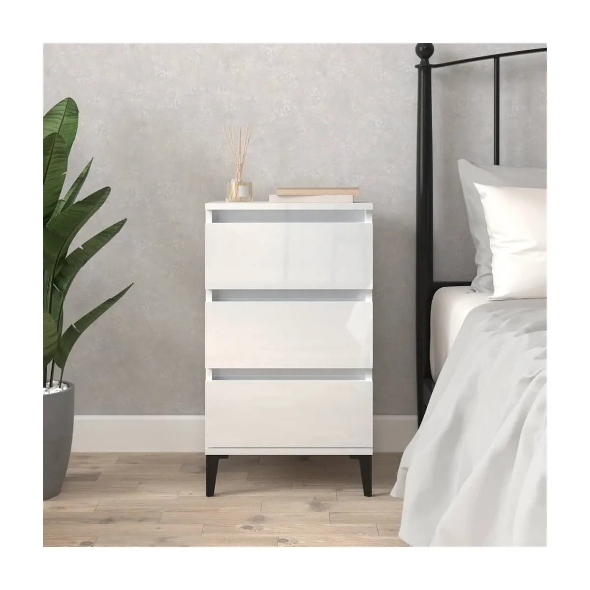 Mesita de noche madera contrachapada blanco brillo 40x35x70 cm
