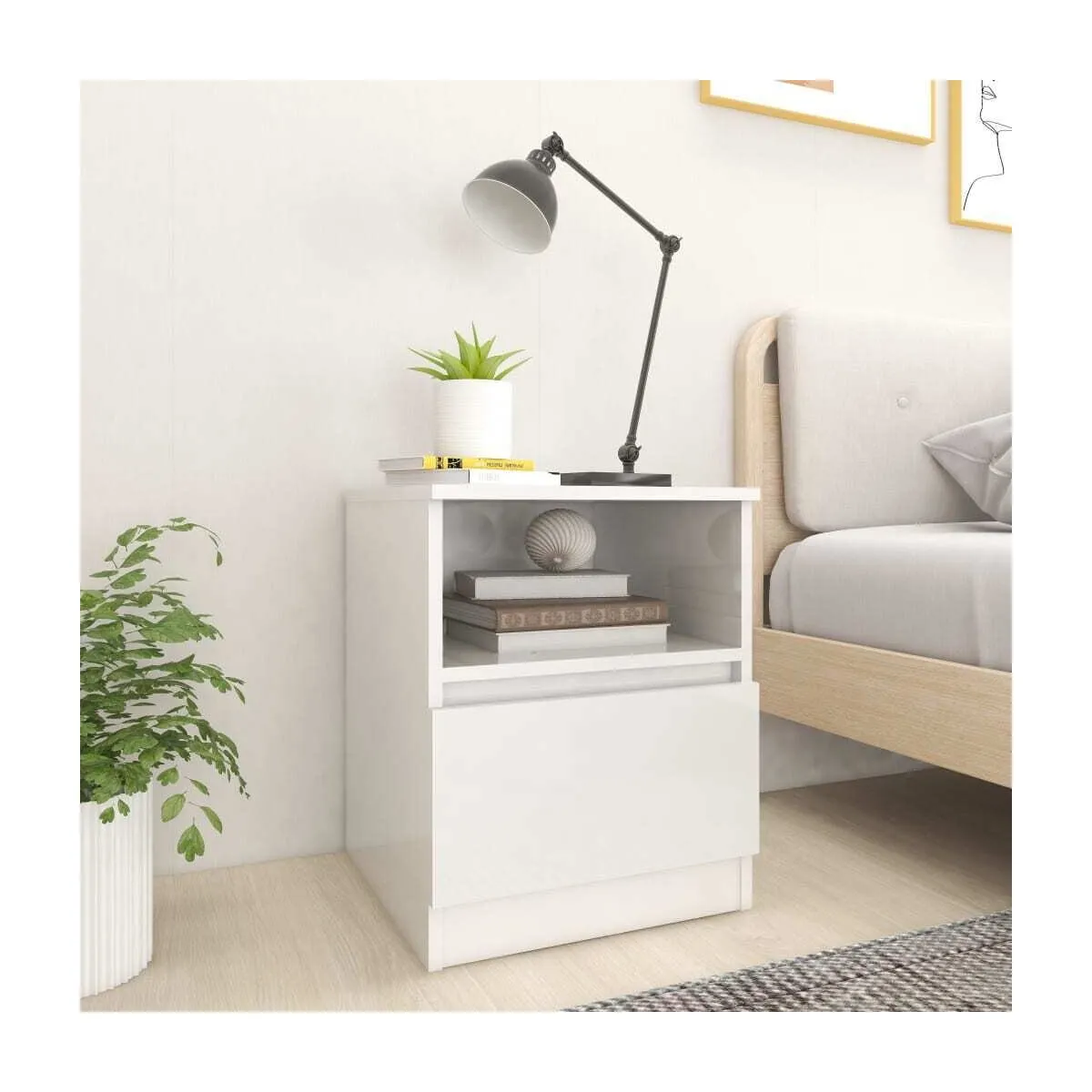 Mesita de noche madera contrachapada blanco brillo 40x40x50 cm