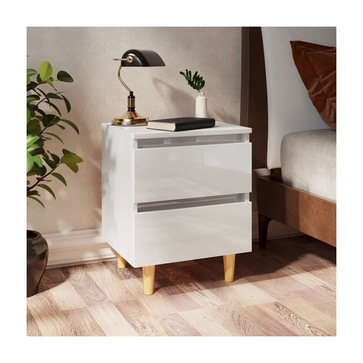 Mesita de noche patas madera pino blanco con brillo 40x35x50cm