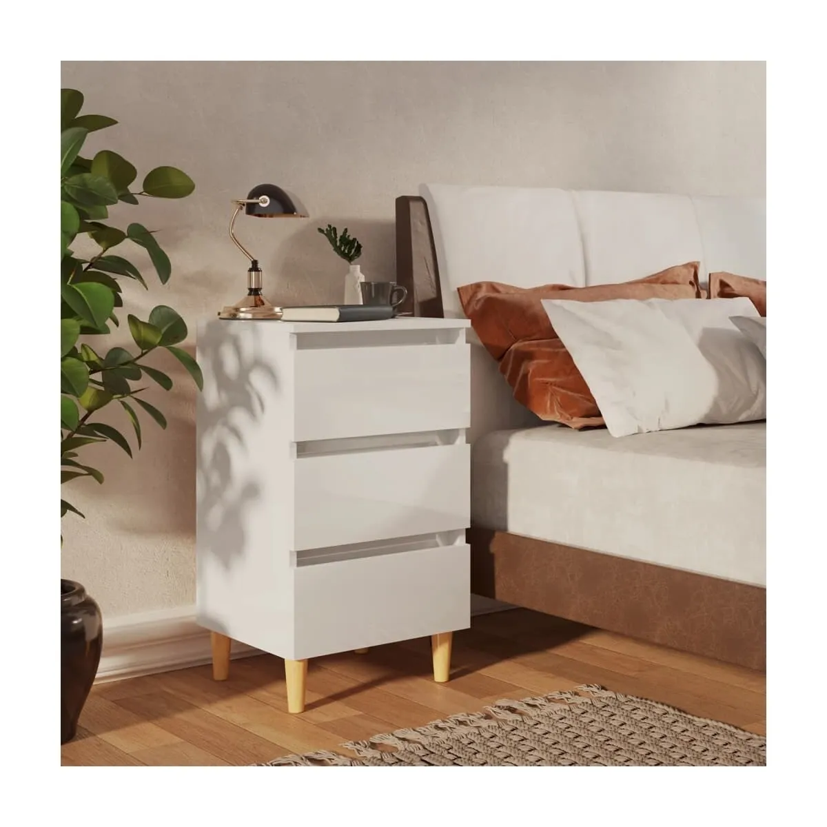 Mesita noche con patas madera maciza blanco brillo 40x35x69 cm