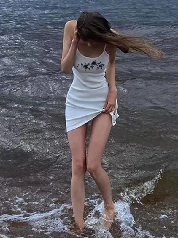 Minivestido casual blanco con cuello redondo y estampado de estrellas