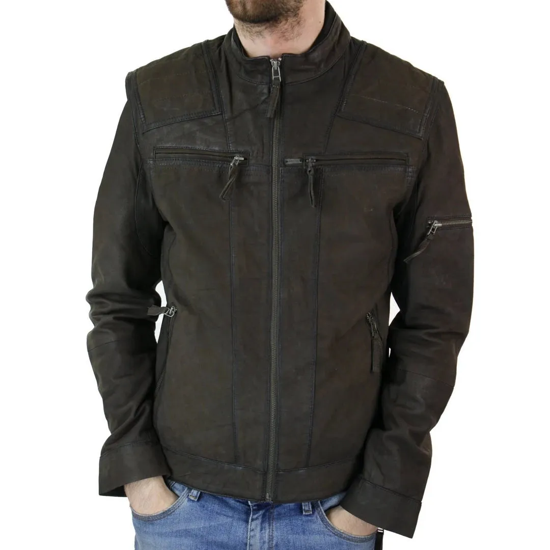 Motocicleta masculina motocicleta desgastada con cremallera chaqueta de cuero corta de gamuza