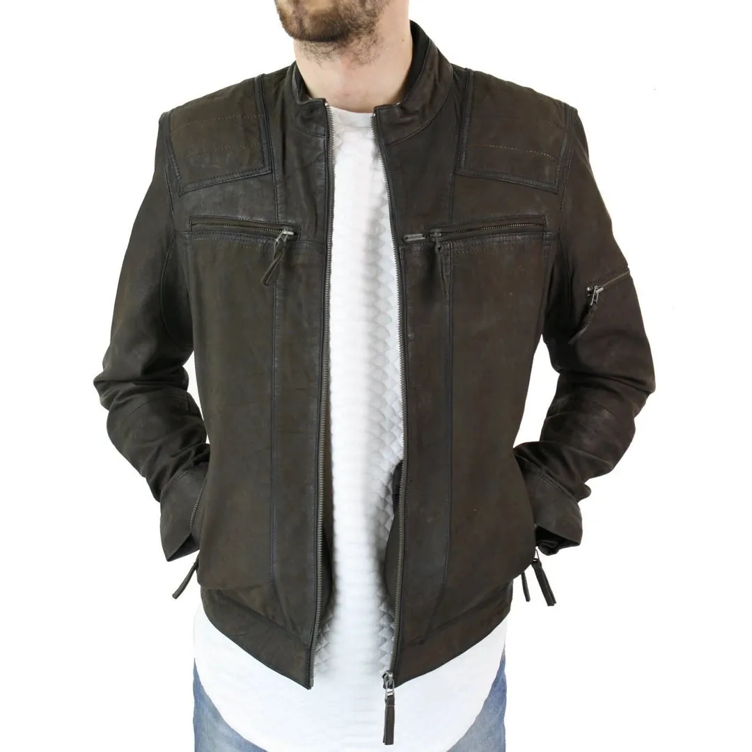 Motocicleta masculina motocicleta desgastada con cremallera chaqueta de cuero corta de gamuza