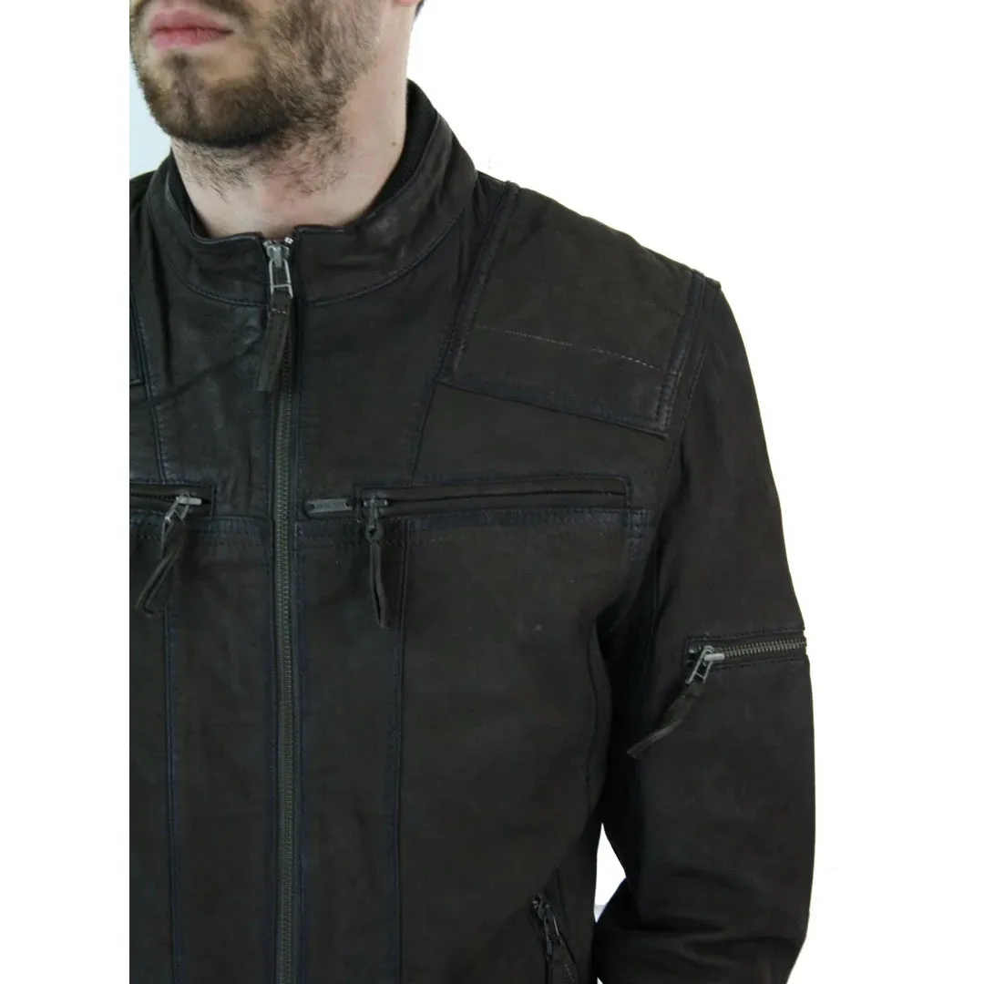 Motocicleta masculina motocicleta desgastada con cremallera chaqueta de cuero corta de gamuza