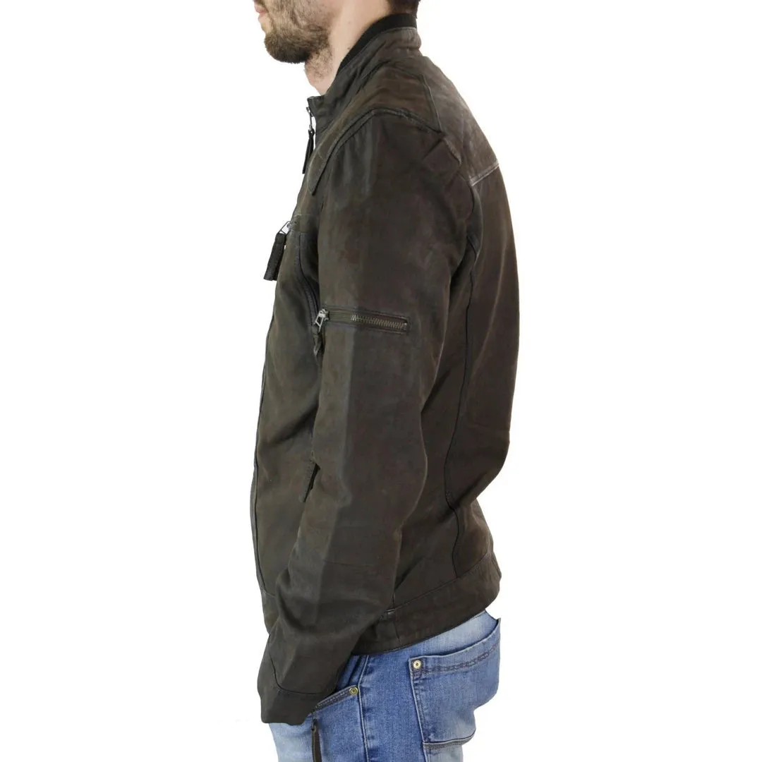 Motocicleta masculina motocicleta desgastada con cremallera chaqueta de cuero corta de gamuza