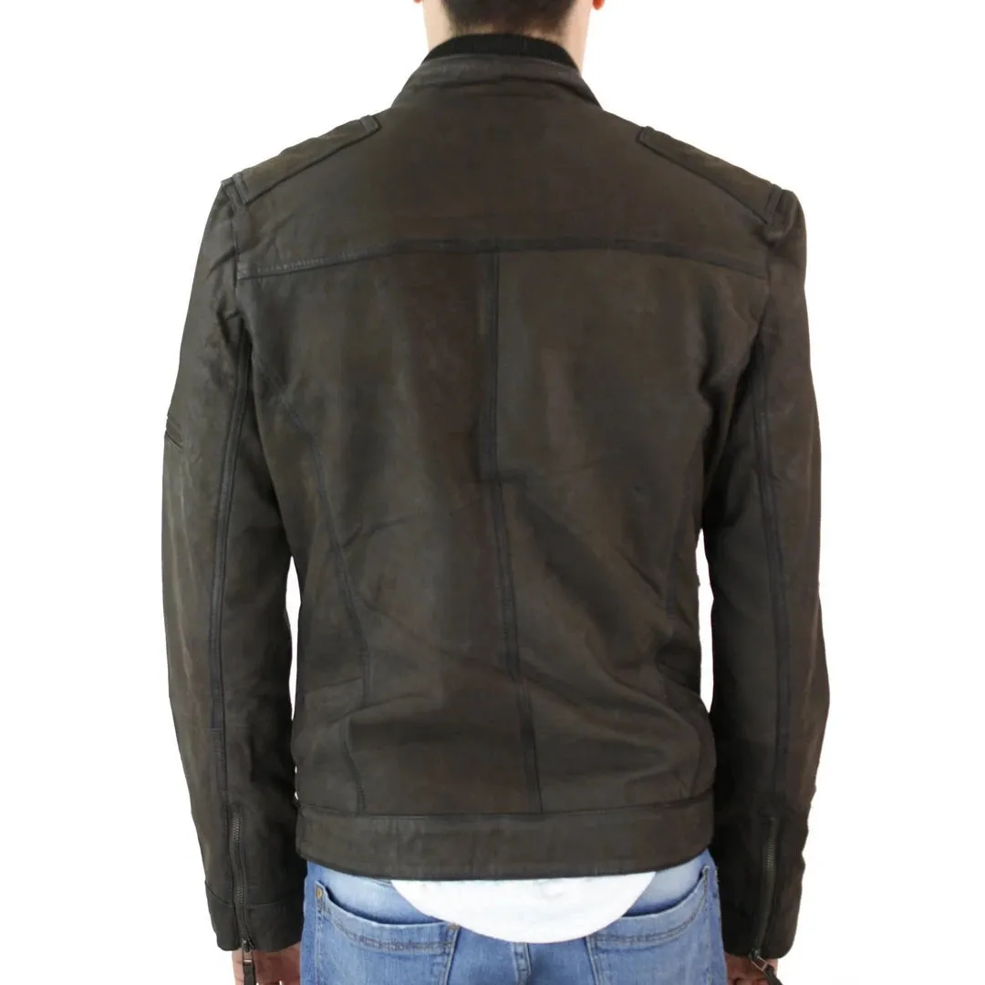 Motocicleta masculina motocicleta desgastada con cremallera chaqueta de cuero corta de gamuza