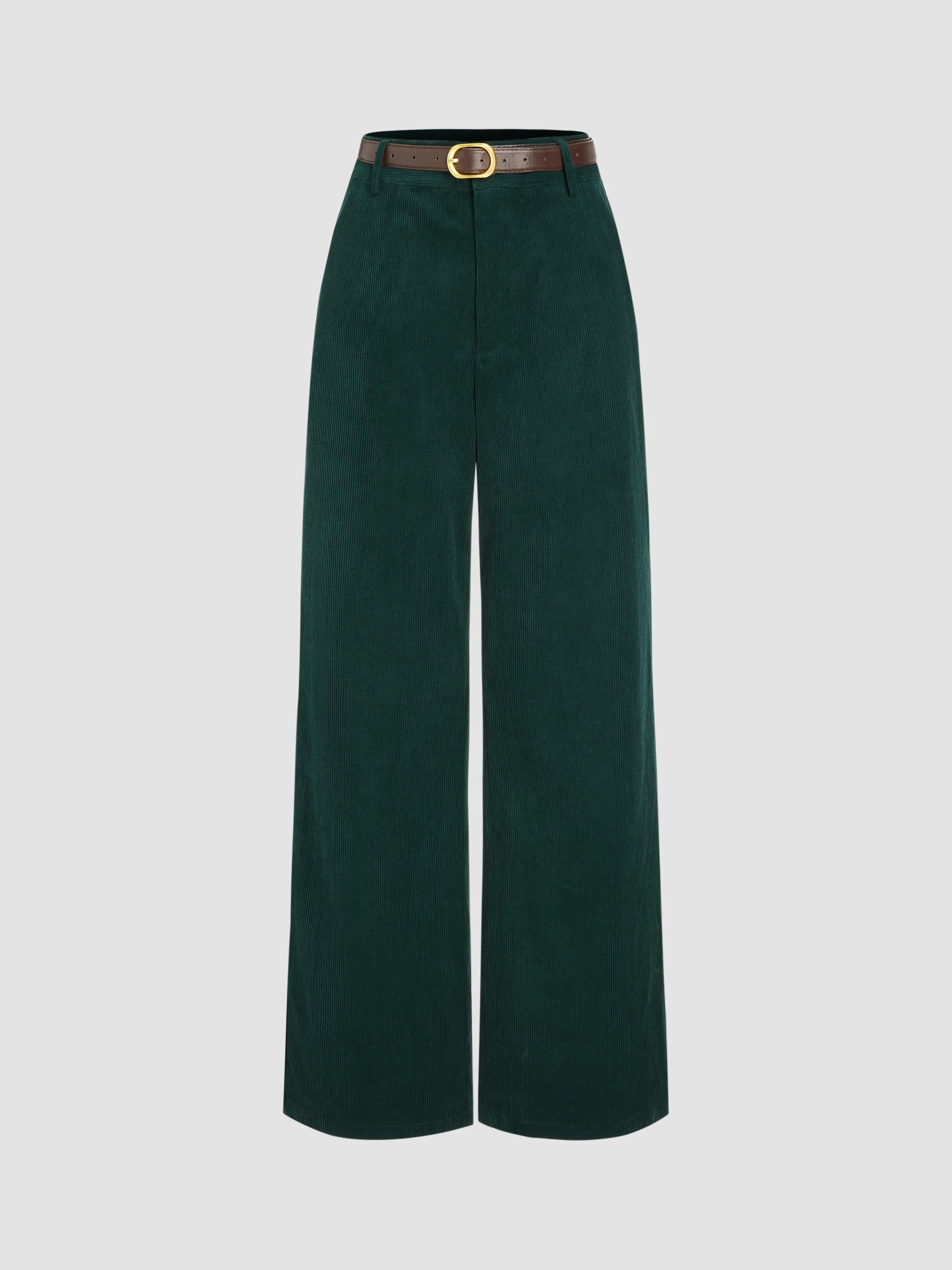  Pantalones de Pana de Cintura Media con Bolsillo y Pierna Recta con Cinturón