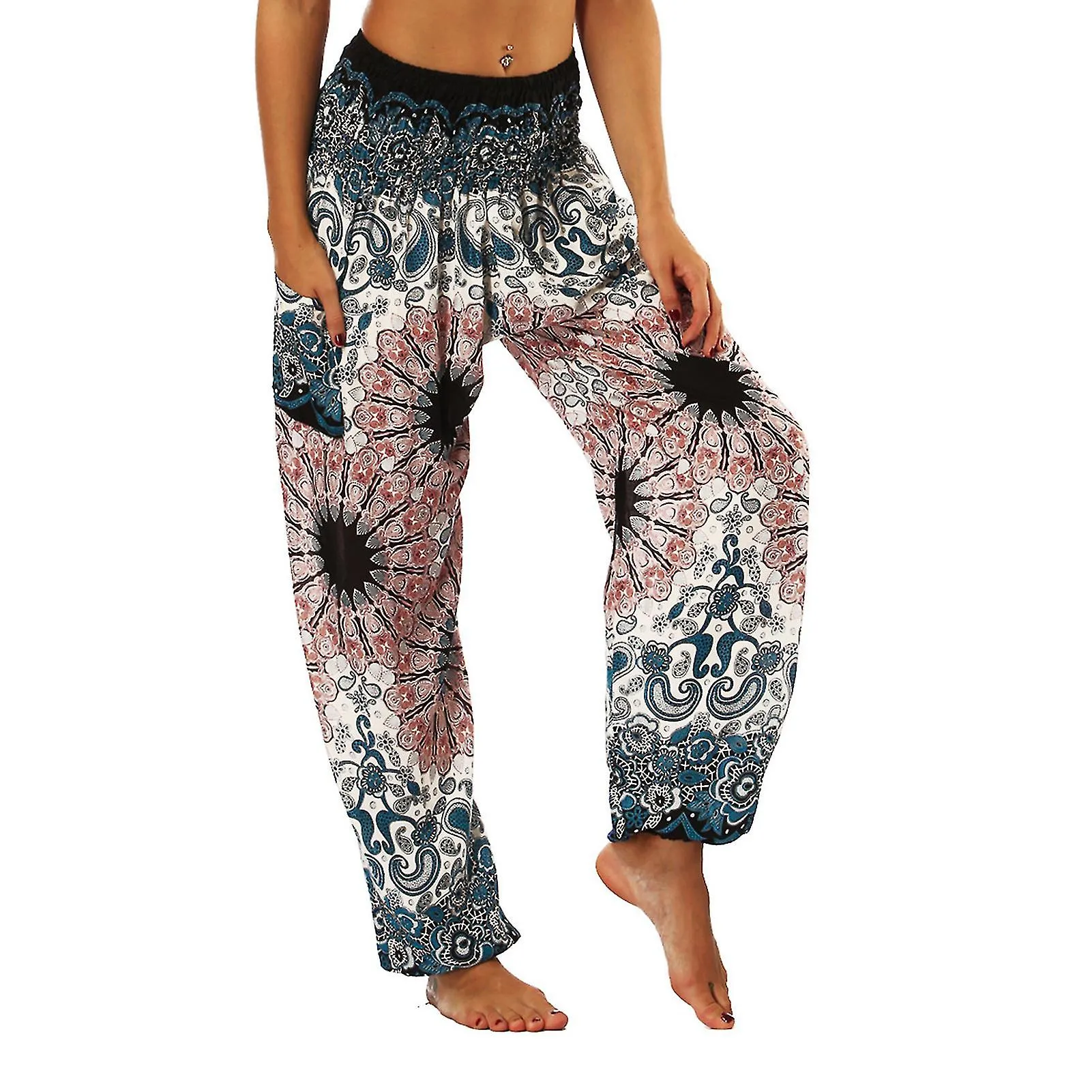 Pantalones hippies de mujer Boho estampado Cintura con bata con bolsillos Pantalón harén