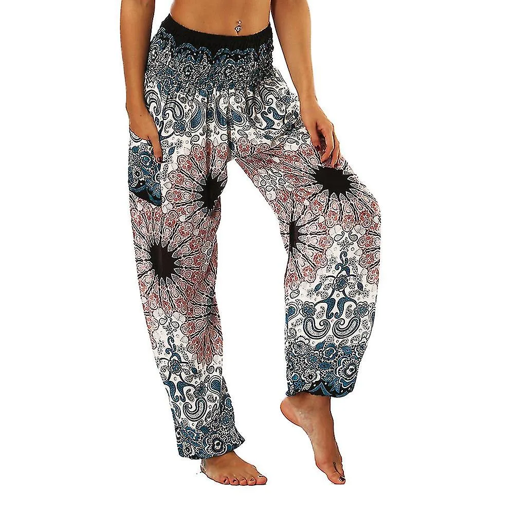 Pantalones hippies de mujer Boho estampado Cintura con bata con bolsillos Pantalón harén