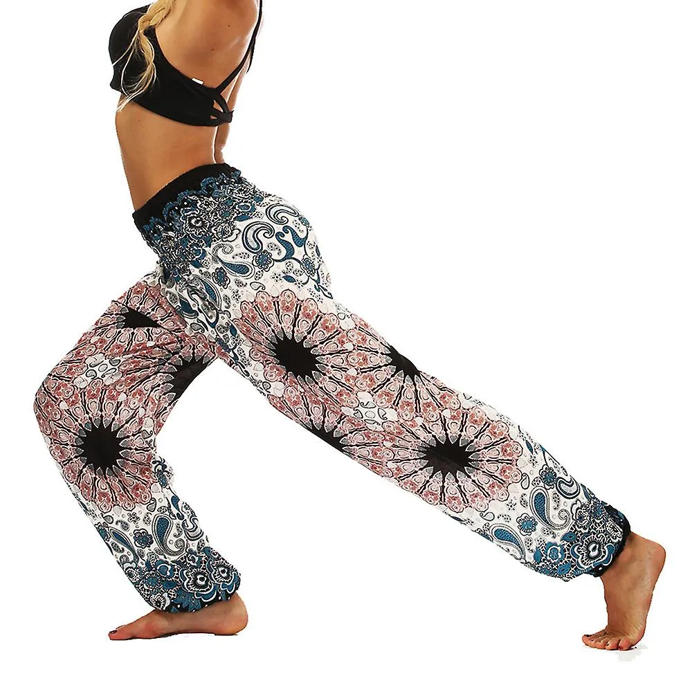 Pantalones hippies de mujer Boho estampado Cintura con bata con bolsillos Pantalón harén