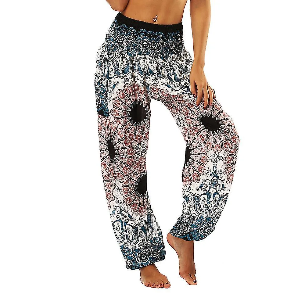 Pantalones hippies de mujer Boho estampado Cintura con bata con bolsillos Pantalón harén